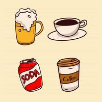 conjunto de ilustração de desenhos animados de fast food, cerveja, café, chá e refrigerante vetor