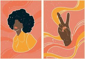conjunto de cartazes em estilo retro com jovem africana e sinal de paz com as mãos. cartazes no fundo de ondas abstratas. papel de parede psicodélico. anos 60, 70, hippies. conjunto de cartão postal, design de pôster. vetor
