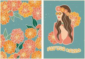 conjunto de cartazes em estilo retro com flores, morangos e uma garota em uma guirlanda floral e óculos de sol. estilo retrô vintage. anos 60, 70, hippies. conjunto de cartão postal, design de pôster. vetor