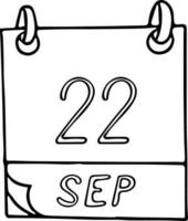 calendário desenhado à mão em estilo doodle. 22 de setembro dia mundial sem carro, elefantes, rinocerontes, mulheres de negócios americanos, encontro. ícone, elemento de adesivo para design. planejamento, férias de negócios vetor