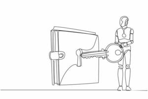 único robô de desenho de linha contínua coloca grande chave na carteira. segurança financeira de proteção de dinheiro. bolsa digital para compras. inteligência artificial robótica. ilustração vetorial de design de desenho de uma linha vetor