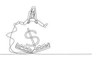 empresária de desenho de linha contínua pulando sobre armadilha de dinheiro com símbolo de dólar de dinheiro grande. armadilha de dinheiro financeiro, esquema ponzi ou armadilha de negócios. ilustração vetorial de desenho de linha única vetor