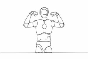 único robô de desenho de linha contínua em pé com gestos com o punho de duas mãos para cima. organismo cibernético robô humanóide forte. inteligência artificial robótica. ilustração em vetor de design gráfico de uma linha