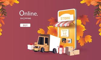 compras on-line fundo de outono laranja no telefone ilustração vetorial de férias pódio palco marketing de produtos vetor