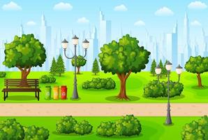 parque verde da cidade com banco e poste no subúrbio vetor
