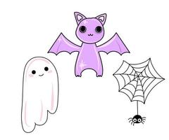 vetor bonito conjunto de ícones de halloween em estilo simples. monstro roxo, fantasma, aranha na web.