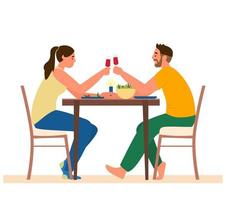 casal jantando romântico em casa. homem e mulher sentados à mesa com lanches tilintando copos de vinho. ilustração vetorial. isolado no branco. vetor