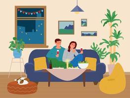 casal jantando romântico em casa. homem e mulher sentada à mesa com lanches no sofá segurando o copo de vinho. ilustração vetorial. vetor