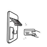 pagamento de compras on-line de doodle desenhado à mão no celular com ilustração de cartão vetor