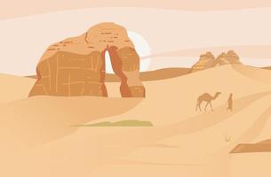 paisagem do deserto da arábia saudita com pedra de elefante. vila antiga de hegra. rochas de areia. ilustração vetorial plana. vetor