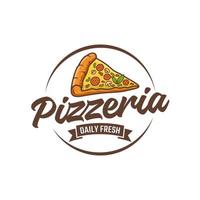 emblema de vetor de pizzaria no quadro-negro. modelo de logotipo de pizza. emblema vetorial para café, restaurante ou serviço de entrega de comida