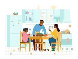 família afro-americana a passar tempo juntos na cozinha. conversando e rindo interior da cozinha com móveis de madeira, geladeira, mesa com cadeiras. ilustração vetorial plana.