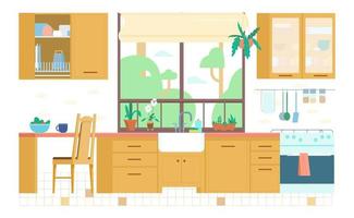 ilustração em vetor plana interior cozinha. móveis de madeira, janela, plantas, fogão, utensílios, prateleiras, pia, escorredor de pratos.