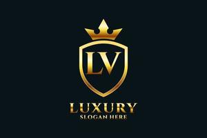 logotipo de monograma de luxo elegante inicial lv ou modelo de crachá com pergaminhos e coroa real - perfeito para projetos de marca luxuosos vetor