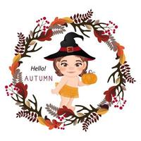 menina bonita bruxa segurando abóbora e de pé em estilo plano colorido com coroa de outono. conceito de chá de bebê na temporada de outono vetor