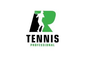 letra r com design de logotipo de silhueta de jogador de tênis. elementos de modelo de design vetorial para equipe esportiva ou identidade corporativa. vetor