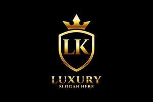 logotipo de monograma de luxo elegante inicial lk ou modelo de crachá com pergaminhos e coroa real - perfeito para projetos de marca luxuosos vetor