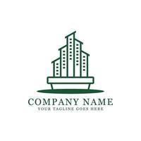 design de logotipo de apartamento verde, construção de vetor de logotipo exterior. bom para construção, imóveis, arranha-céus e logotipo da empresa de negócios vetor premium