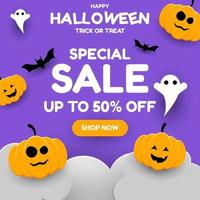 fundo de banner de venda de halloween feliz com fantasma, abóbora, lua, nuvem e morcego para banner, pôster, cartão de felicitações, convite para festa ou postagem de mídia social vetor