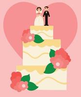 conceito de cartão de casamento. bolo de casamento com figurinhas dos noivos por cima. imagem isolada em fundo colorido com coração. ilustração vetorial vetor