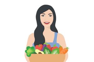 mulher saudável segurando a ilustração vetorial de tigela de comida saudável. estilo de vida saudável, dia mundial da alimentação e conceito de comida vegana vetor