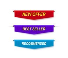 conjunto de banners de venda de cor isolados no fundo branco. nova oferta, best-seller e banners recomendados. vetor