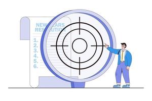 resolução de ano novo, lista de verificação de definição de metas, missão futura, inspiração de criatividade para melhorar e conceito de sucesso. empresário visando lista de plano de negócios usando mira de escopo óptico sniper vetor