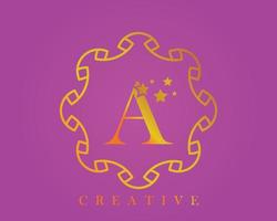 logotipo de design criativo, alfabeto a, letra de 5 estrelas, etiqueta, ícone, para embalagem, design de produto de luxo. feito com ouro em um plano de fundo texturizado roxo claro. vetor