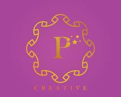 logotipo de design criativo, alfabeto p, letra de 5 estrelas, etiqueta, ícone, para embalagem, design de produto de luxo. feito com ouro em um plano de fundo texturizado roxo claro. vetor