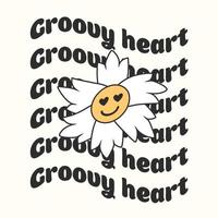 coração fofo. impressão de slogan com flores groovy, adesivo de vetor de camiseta gráfico abstrato desenhado à mão com tema groovy dos anos 70.