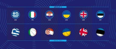 ícone e bola de basquete com bandeiras dos participantes do grupo c, competição europeia de basquete. vetor