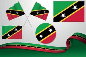 conjunto de bandeiras de São Cristóvão e Nevis em diferentes designs, ícone, bandeiras esfoladas e fita com fundo. vetor