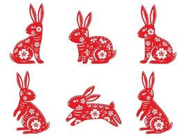 conjunto de signo do zodíaco, ano do coelho, com arte de corte de papel vermelho sobre fundo de cor branca vetor