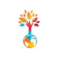 globo e design de logotipo de vetor de árvore de mão. ecologia e conceito sustentável.