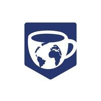 xícara de café criativa com modelo de design de logotipo de vetor de mapa globo.