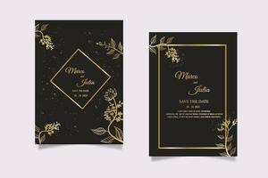 moldura dourada botânica floral. modelo de convites elegante escuro. design de luxo para convite de casamento, cartão de felicitações, produtos vip para mulheres. ilustração vetorial vetor
