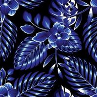 a cor azul brilha no escuro em estilo monocromático com belas folhas de palmeira tropicais sem costura padrão de plantas e flores de folhagem desenhando no fundo da noite. fundo floral. impressão praia verão vetor