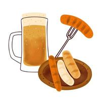 ilustração estilizada uma caneca de cerveja, com salsichas grelhadas de lanche tradicional isoladas no fundo branco vetor