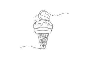 desenho de uma linha contínua derretendo bolas de sorvete em um cone de waffle. conceito de sobremesa. única linha desenhar desenho ilustração gráfica de vetor. vetor