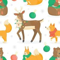 padrão perfeito com animais de natal bonito estilo cartoon veado, raposa, urso e esquilo em fundo branco. fundo de ilustração vetorial de férias. vetor