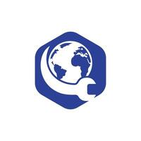 modelo de design de vetor de logotipo do mundo mecânico. conceito de logotipo de gerenciamento de rede de reparo global.