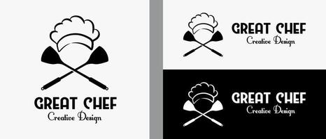 chapéu de chef e modelo de design de logotipo de utensílio de fritura em conceito criativo. ilustração de logotipo de vetor premium