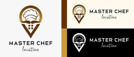 modelo de design de logotipo de localização de restaurante com conceito criativo de chapéu de chef e bigode no ícone de pino. mapa ou ilustração vetorial de ícone de localização, vetor premium
