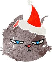 desenho retrô de uma cara de gato duro usando chapéu de papai noel vetor