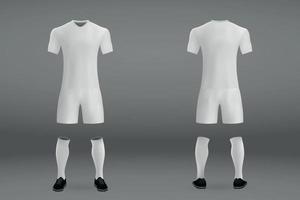 3D realista da frente e verso da camiseta branca de futebol com calças e meias no pano de fundo da loja.
