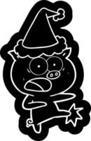 ícone dos desenhos animados de um porco gritando e chutando usando chapéu de papai noel vetor