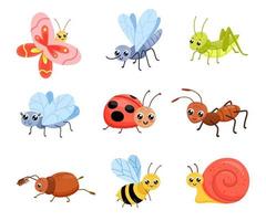 conjunto de insetos dos desenhos animados. formiga bonita, gafanhoto e caracol. ilustração vetorial infantil isolada no fundo branco vetor