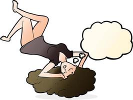 mulher de desenho animado deitada no chão com balão de pensamento vetor