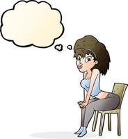 mulher de desenho animado posando na cadeira com balão de pensamento vetor