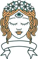 tatuagem tradicional com banner de rosto feminino com terceiro olho e coroa de flores vetor